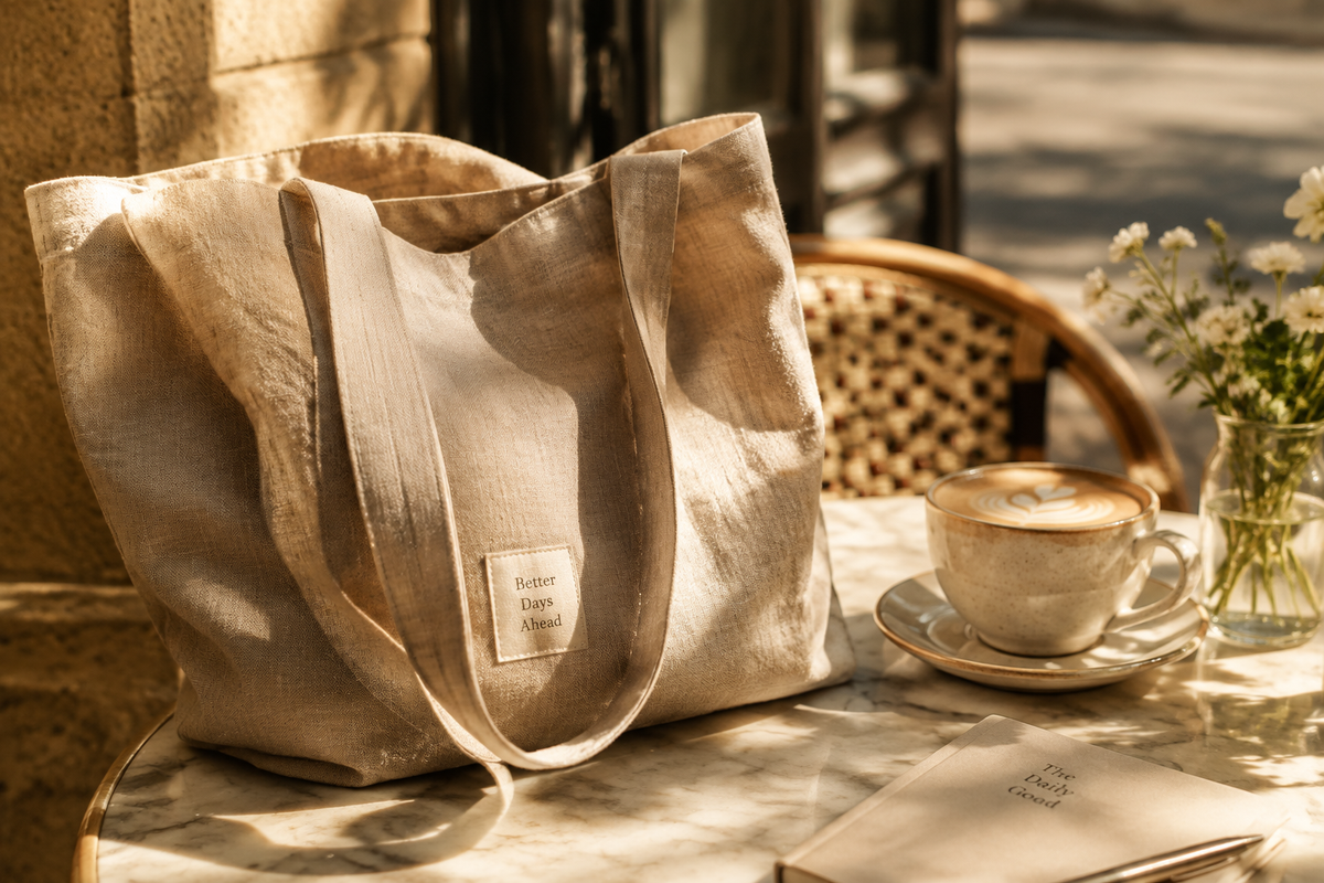 Tote bag on cafe table in sunlight